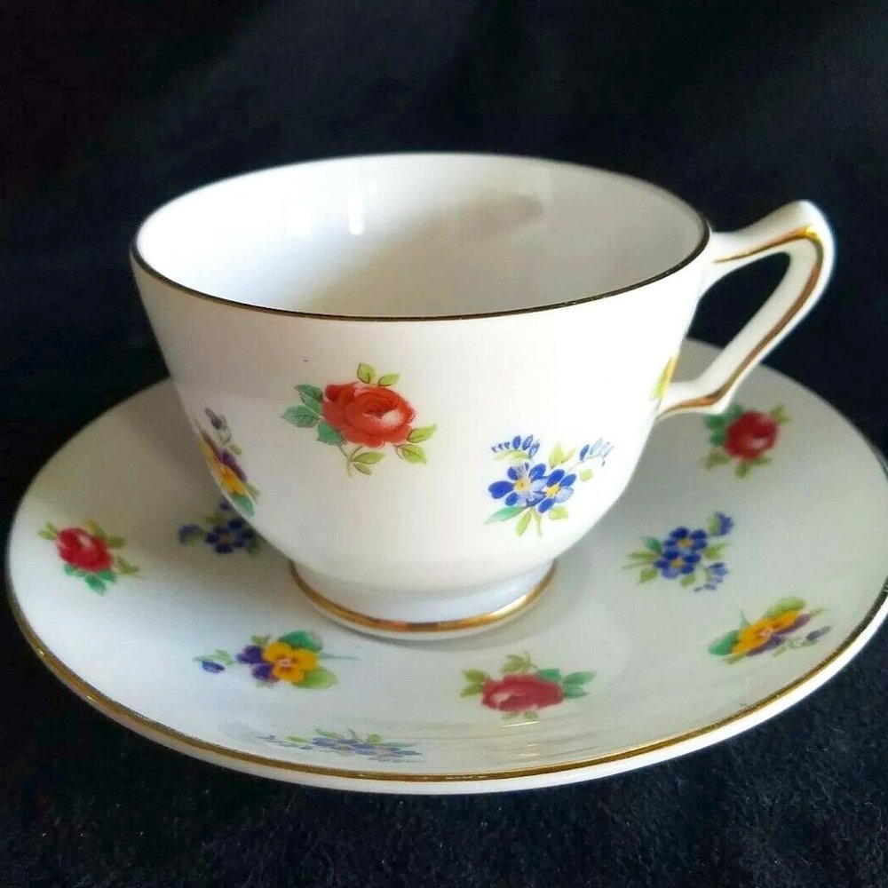 Crown Staffordshire England Fine Bone China Roses Pansies Tea Cup and Saucer set
